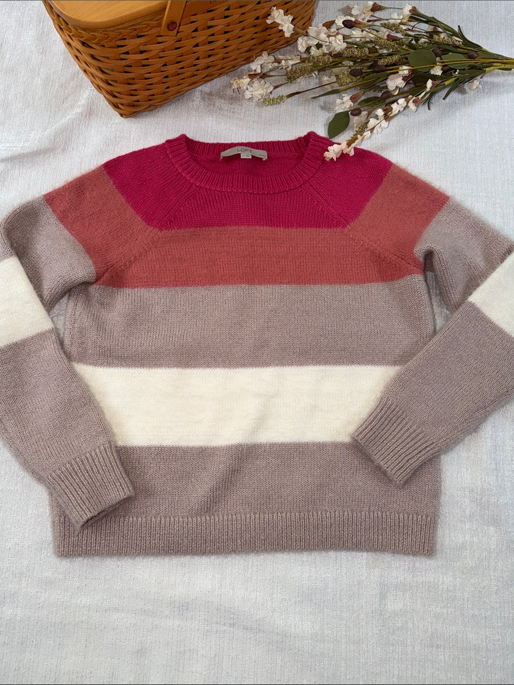 LOFT Striped Crewneck Sweater in Fuchsia, Coral, Taupe & Cream